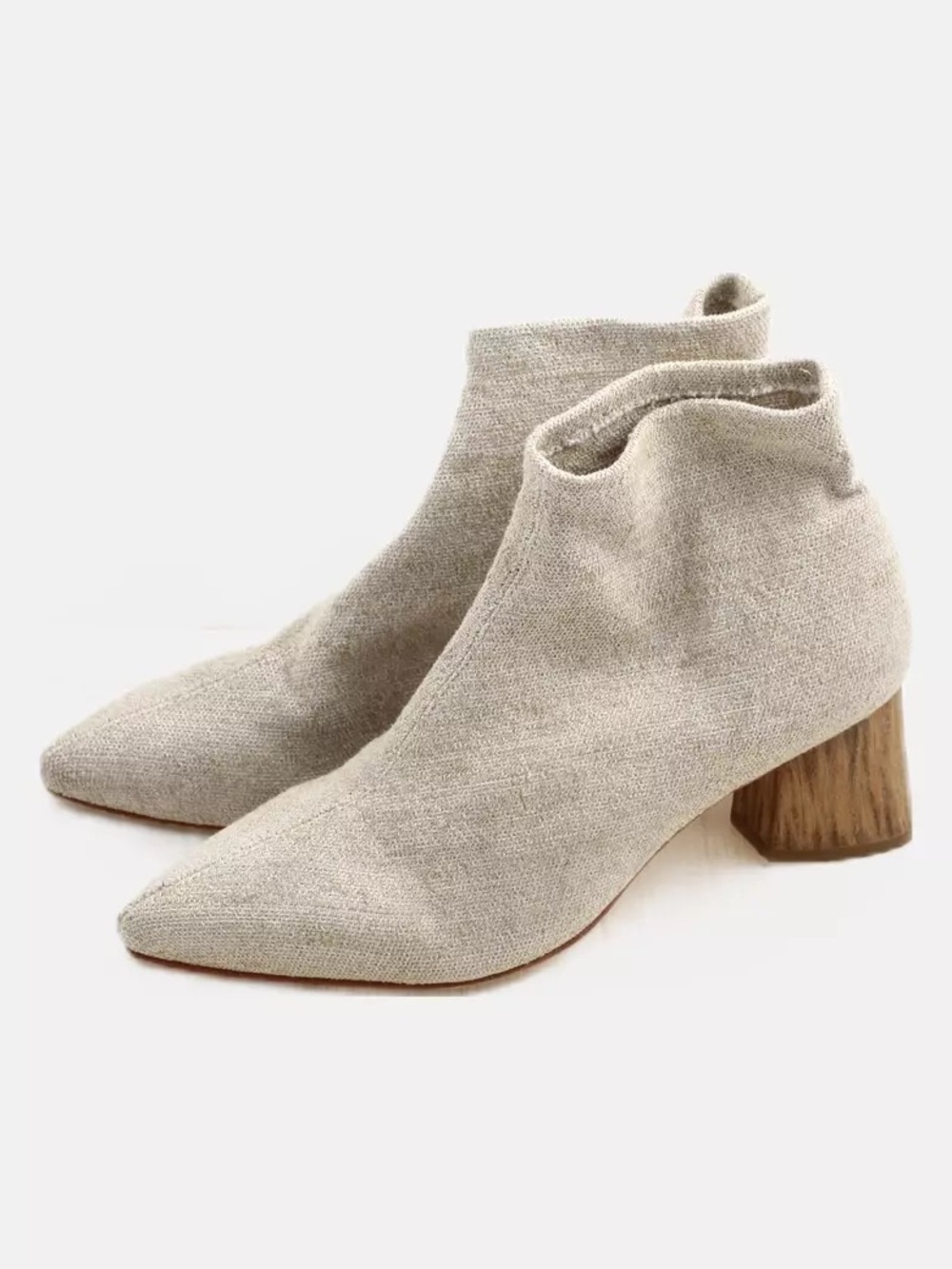 Miss Elastic Canvas Linen Glove Wood Block Heel Boot Sz 38 US 8